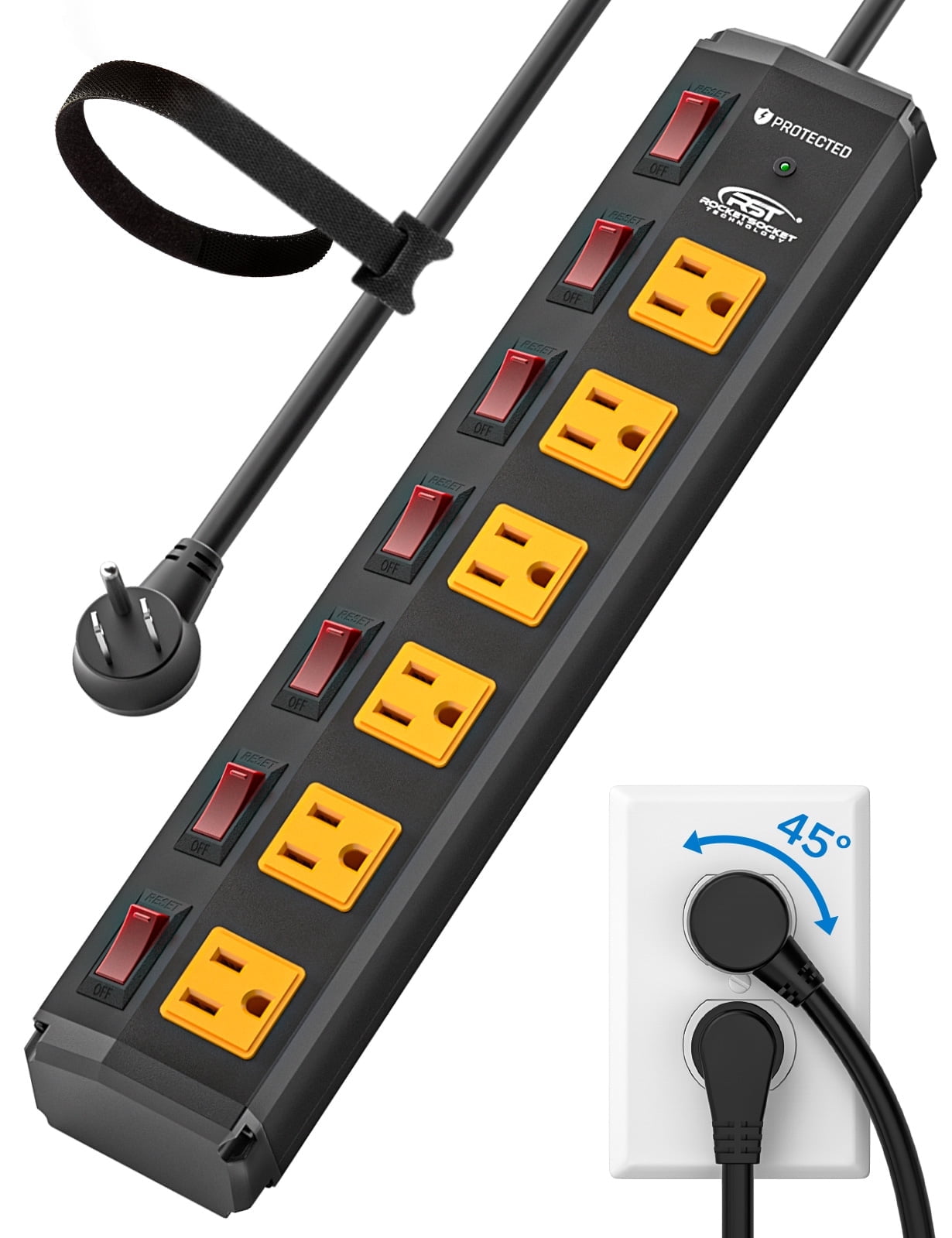 CRST Power Strip 6 Outlet Heavy Duty Surge Protector Individual Switch 6ft Extension Cord with Flat Plug, 15A Circuit Breaker