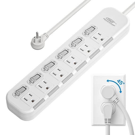 CRST Power Strip Surge Protector 6 Outlets Individual on/off Switch with Angled Flat Plug 6ft Extension Cord, White