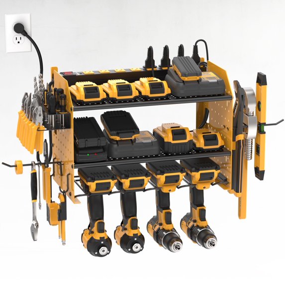 CRST Power Tool Organizer Wall Mount with Charging Station, Cordless Drill Holder with 8-Outlet Power Strip, Modular Garage Organization Storage Rack Shelf, DIY Pegboard, Gift for Men, Yellow