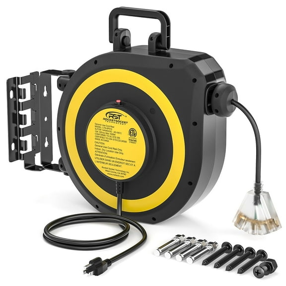 CRST Retractable Extension Cord Reel with Handle, 50 FT Heavy Duty 14AWG/3C SJTOW Power Cord with 3 Grounded Outlets Lighted Triple Tap Limited of 1625W, 13Amp Circuit Breaker, 180° Swivel Bracket