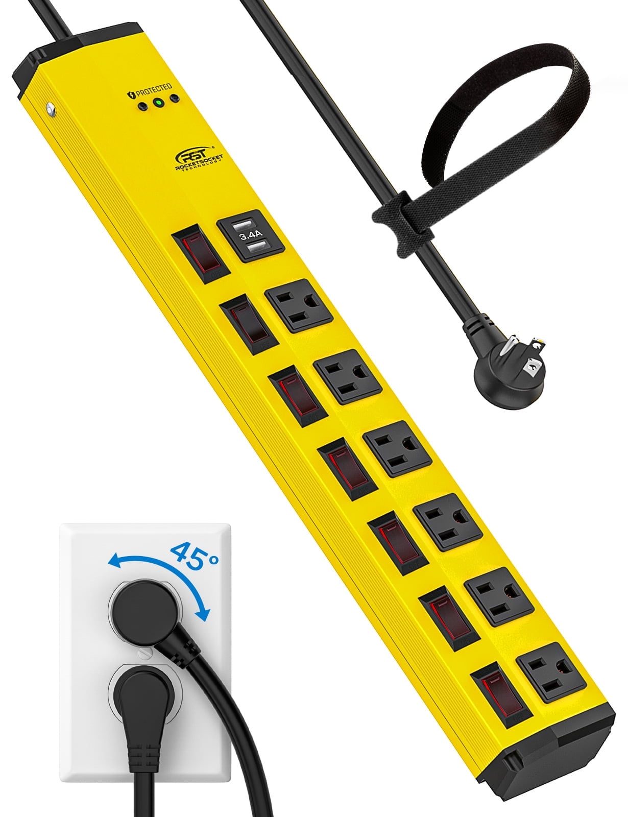 Yellow Heavy Duty 6-Outlet Power Strip with USB and Switches
