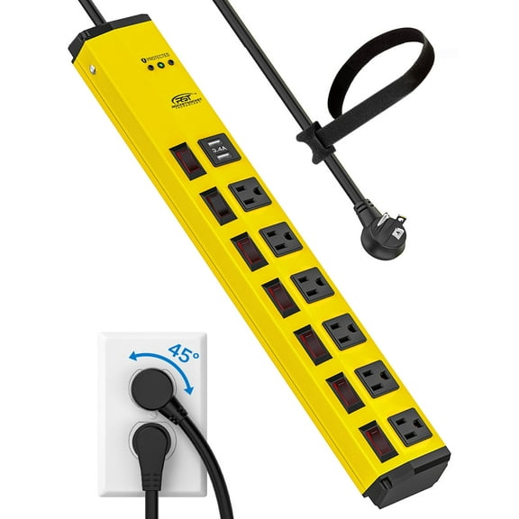 CRST Surge Protector Power Strip Individual Switches 6 Outlets with Dual USB (3.4A), Flat Plug 6FT 14AWG/3C Heavy Duty Extension Power Cord, 1200J