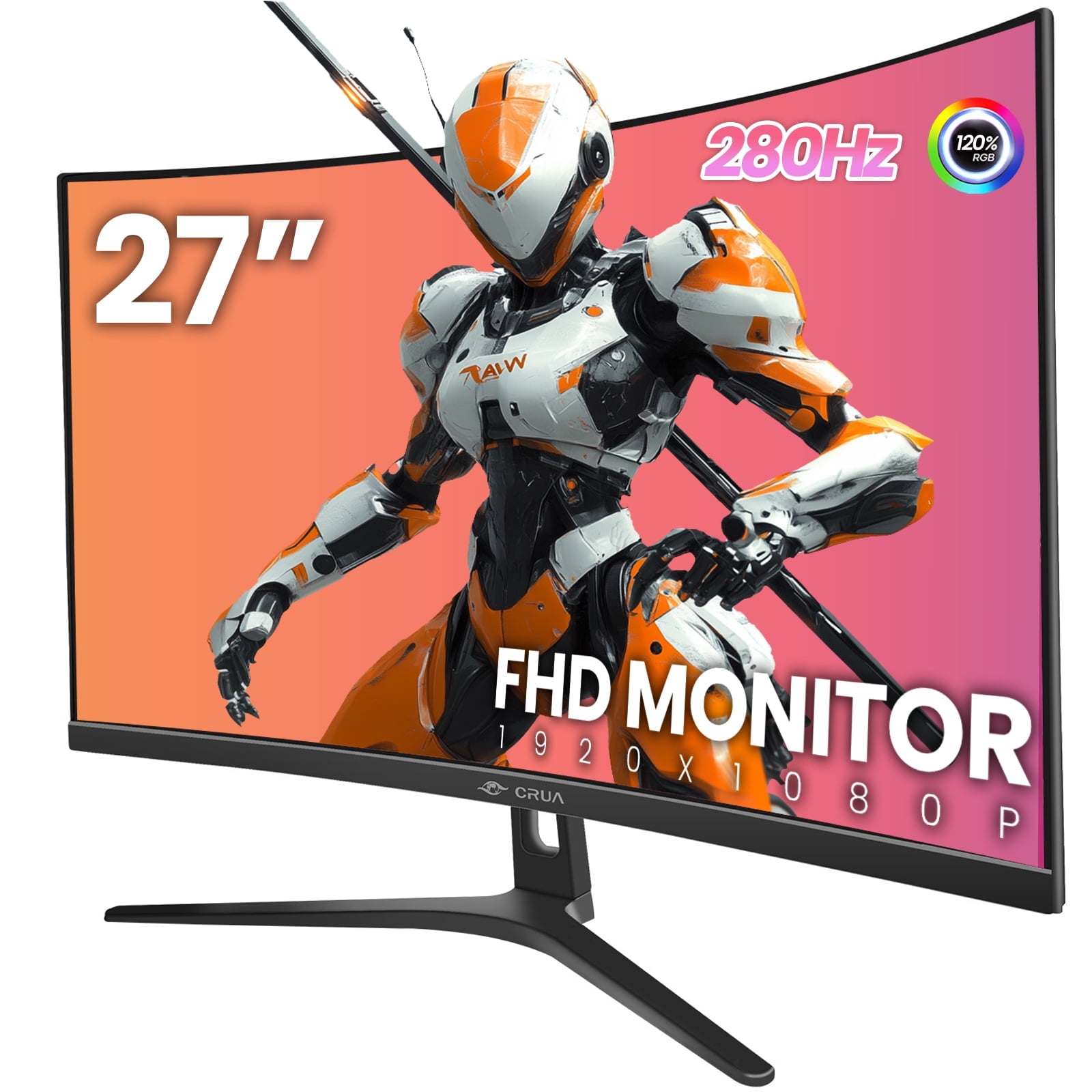 CRUA 27" 280Hz Curved Gaming Monitor, Full HD 1080p, 1800R Curvature VA Panel, 120% sRGB, AMD FreeSync, Low Blue Light, DP 1.2/HDMI 1.4, Wall Mountable-Black