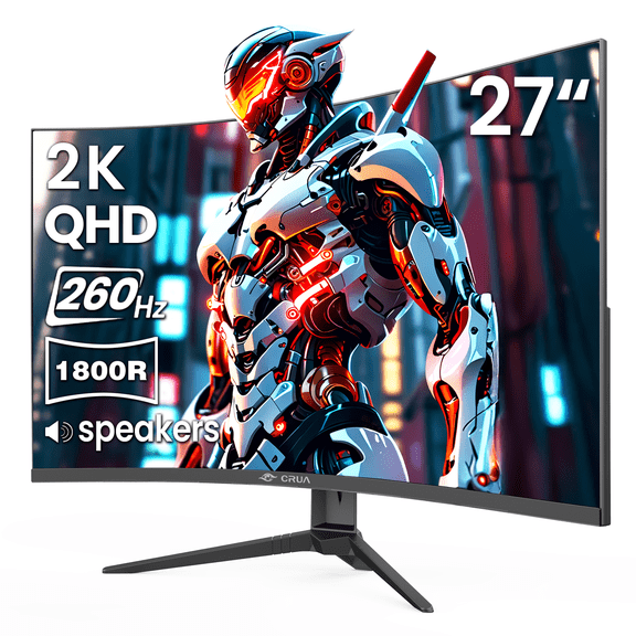 CRUA 27'' Curved Gaming Monitor 260Hz/240Hz, QHD 1440P 1800R VA Panel Computer Monitor with Built-in Speakers, Support AMD FreeSync, 120% sRGB, Blue Light Filter, HDMI2.0 & DP1.4, Wall Mountable-Blac