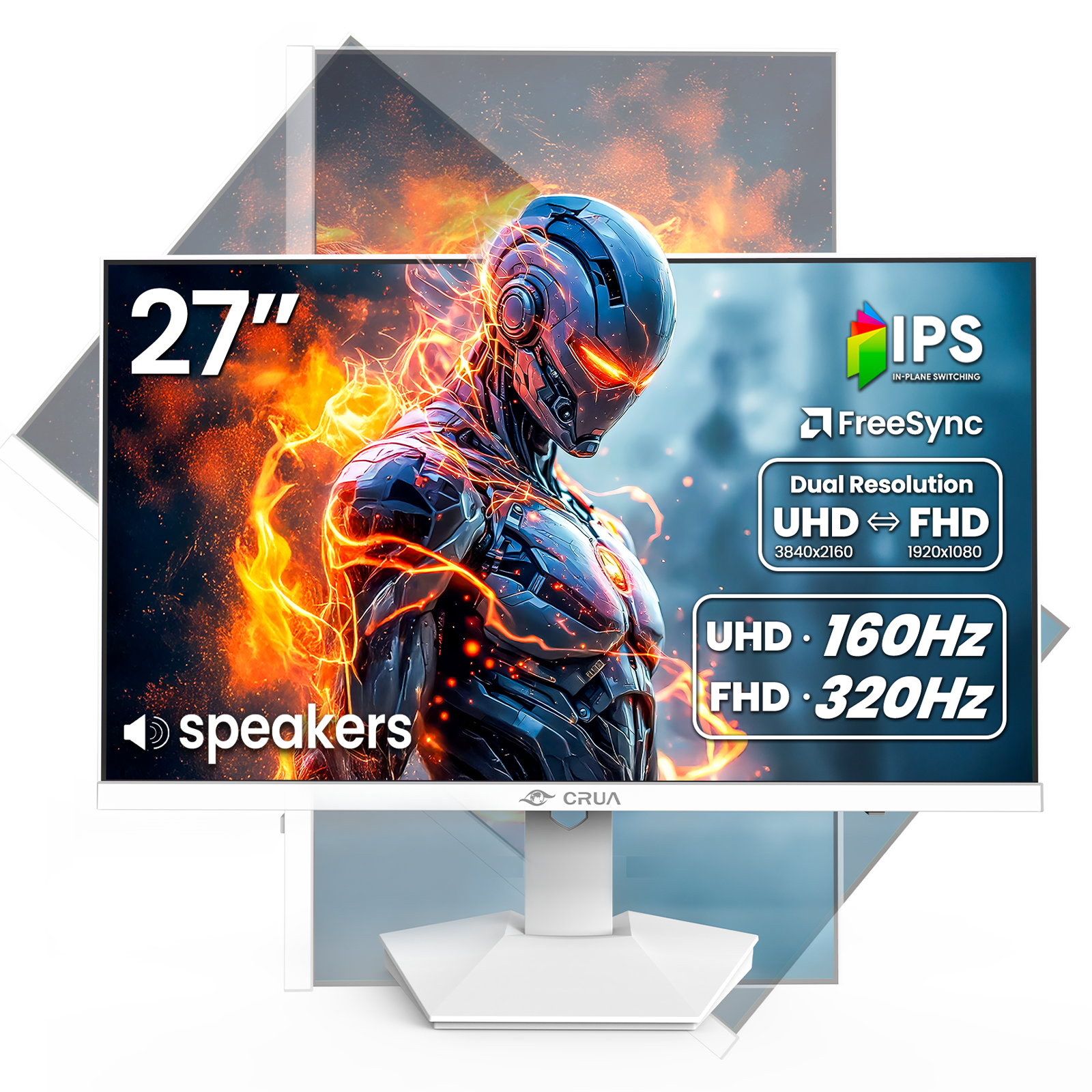 CRUA 27 Gaming Monitor, UHD (3840x2160) Dual Mode (4K 160Hz or FHD 320Hz), 120% sRGB, Support FreeSync, Built-in Speakers, RGB Lighting, HDMI & DP, Height adjustable, Wall Mount Install-White