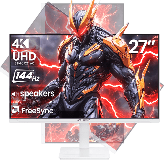 CRUA 27" 4K Gaming Monitor, 144Hz IPS Display, G-Sync & FreeSync, HDR, HDMI 2.1 & DP 1.4, Adjustable Stand, RGB Light, White