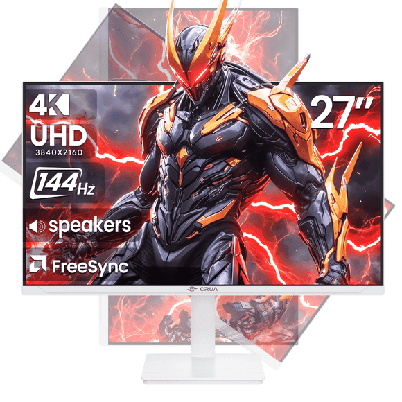 CRUA 27" 4K Gaming Monitor, 144Hz IPS Display,FreeSync,HDR,HDMI 2.1 & DP 1.4, Adjustable Stand, RGB Light, White