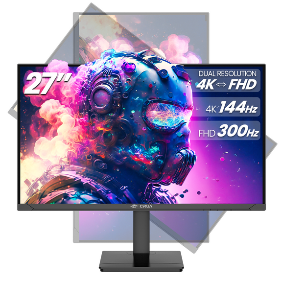 CRUA 27” Gaming Monitor, UHD (3840x2160) Dual Mode (4K 144Hz or FHD 300Hz), 120% sRGB, Support AMD FreeSync, Built-in Speakers, Blue Light Filter, HDMI 2.1 & DP 1.4, Wall Mount Install-Black
