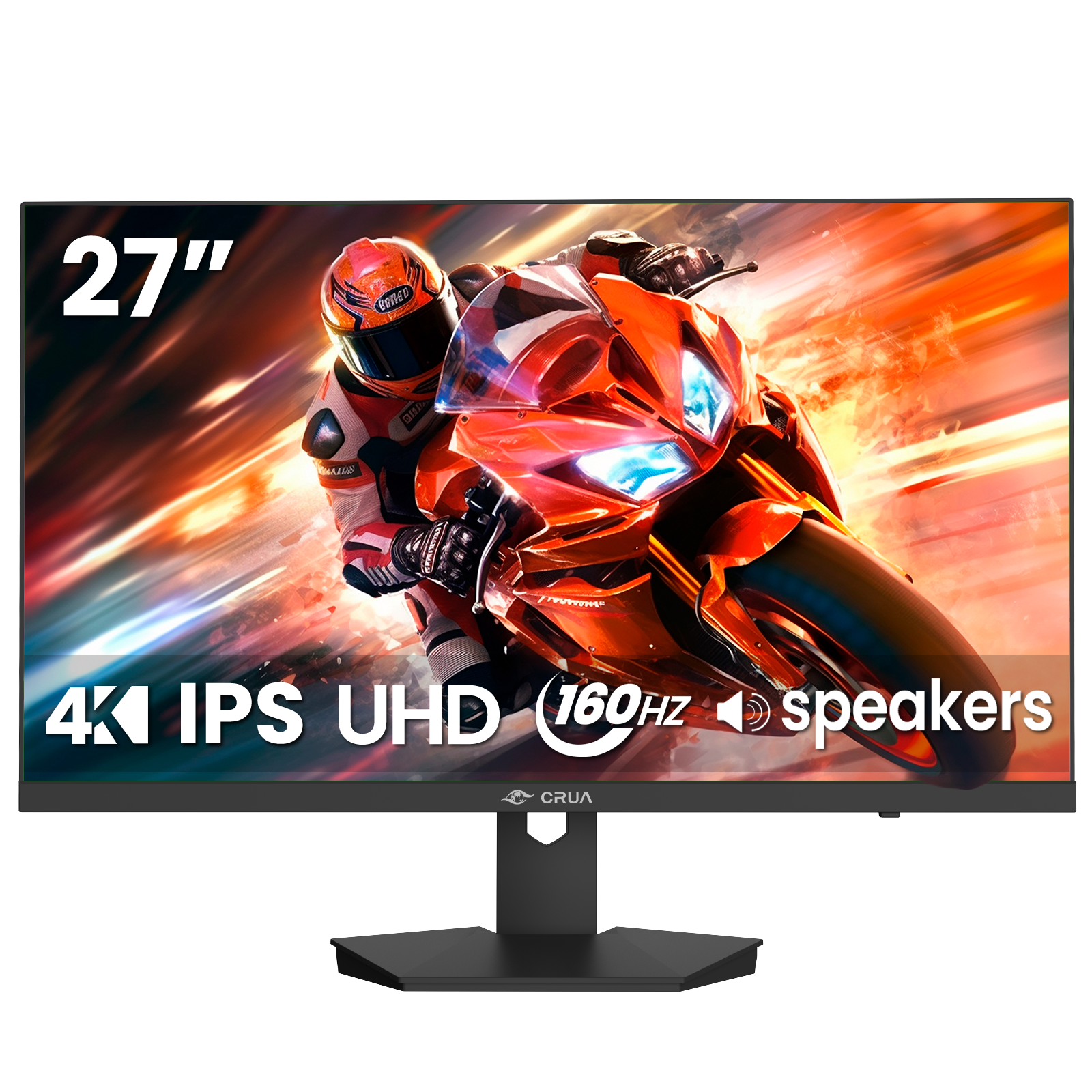 CRUA 27 inch Gaming Monitor, IPS UHD(3840x2160P) 160Hz, 120% SRGB, Support FreeSync, Height adjustable, Lighting effects, Built-in Speakers, HDMI & DP, Black