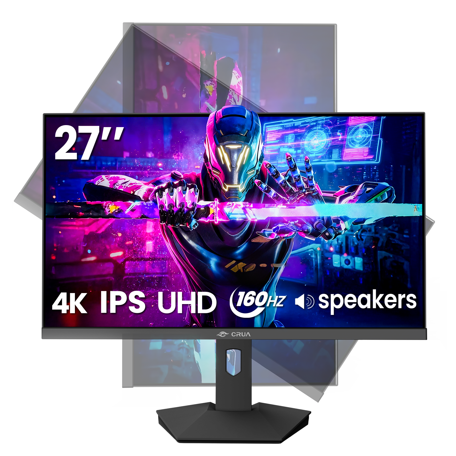 CRUA 27" 160Hz Gaming Monitor, IPS UHD(3840x2160P), 120% SRGB, Support FreeSync, Height adjustable, Lighting effects, Built-in Speakers, HDMI & DP, Black