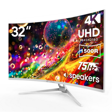 CRUA 32" 75HZ Curved  Monitor, UHD(3840×2160) 1080P 1500R Computer Monitor, 120% SRGB, 2ms (GTG), AMD FreeSync,DP & HDMI Port, white