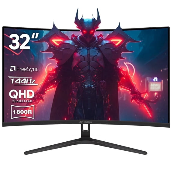 CRUA 32" Curved Gaming Monitor, 144Hz QHD VA Screen, 1800R, FreeSync, 99 sRGB, Low Blue Light, HDMI/DisplayPort, Wall Mountable - Black