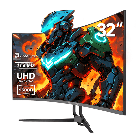 CRUA 32" Curved UHD 4K Monitor, 160Hz Refresh, 1500R Curvature, Black with RGB Lighting and Built-in Speakers