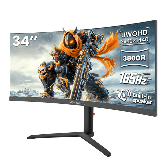 CRUA 34” Curved Ultrawide Gaming Monitor, 3440×1440 UWQHD, 165Hz, 3800R Curvature, Height Adjustable Stand, Built-in Speakers, HDMI & DisplayPort, Black