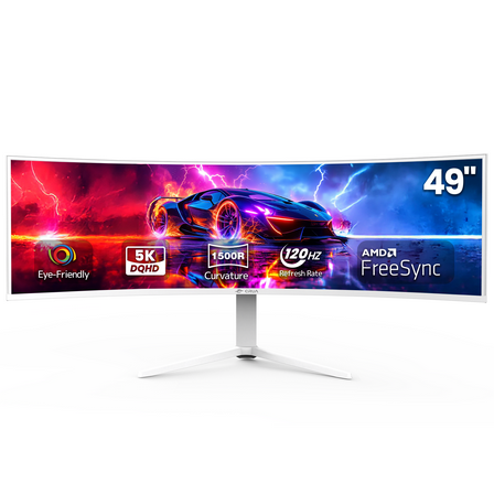 CRUA 49 Inch Ultra-Wide Curved Gaming Monitor, 120Hz, DQHD (5120x1440p), 1500R,FreeSync, 32:9, 120% sRGB, Height adjustable, Built-in Speakers, Wall Mount Install, HDMI & DP, White
