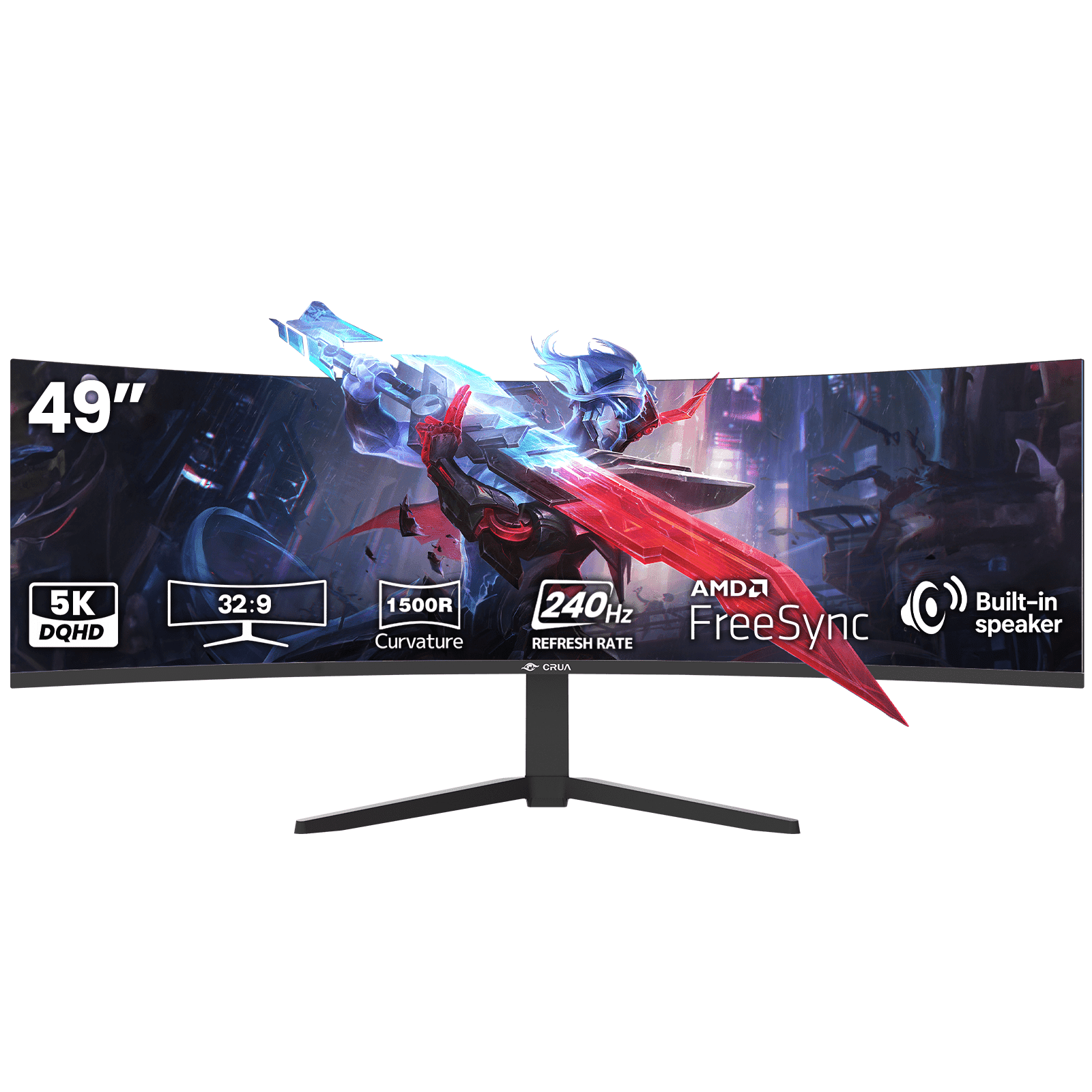 CRUA 49 Inch Ultra-Wide Curved Gaming Monitor | 240Hz | DQHD 5120x1440p | 1500R Curve | AMD FreeSync | Built-in Speakers | Wall Mount Install,Height adjustable | HDMI & DP, Black