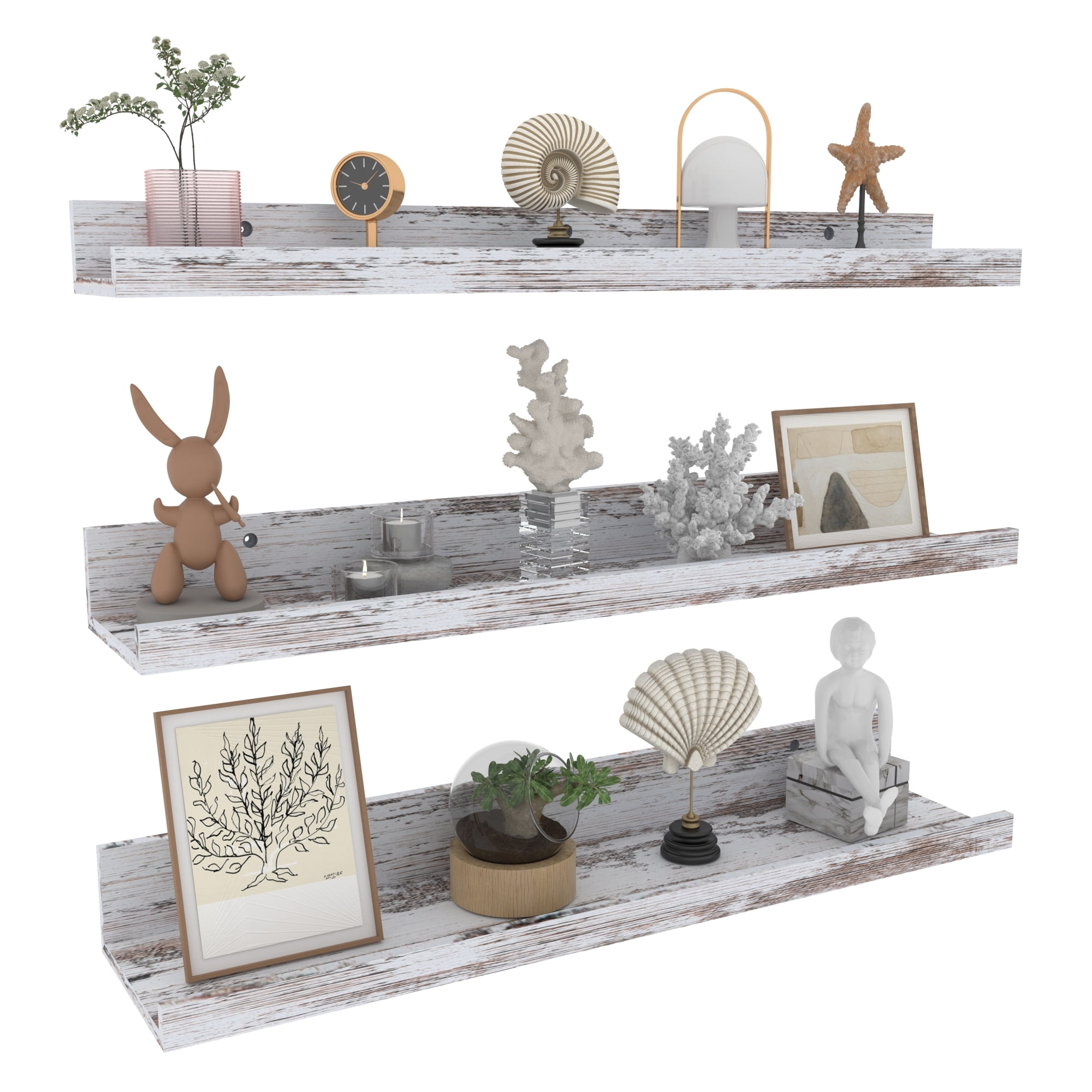 CRUGLA 24 Inch Set of 3 Distressed White Floating Shelves, Rustic Wall