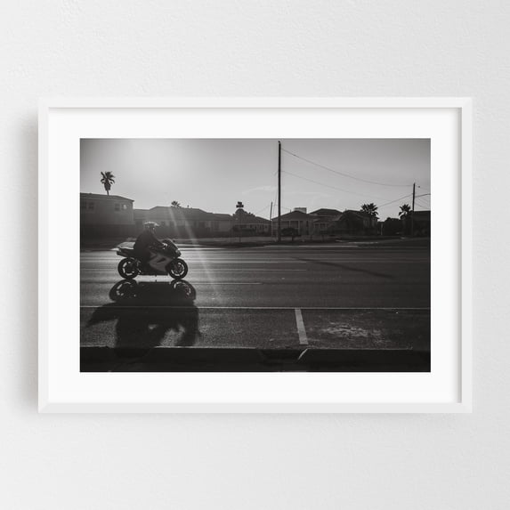 CRUISING, GALVESTON - Galveston Texas Photography Black and White Street Photography Minimalist Cityscape Silhouette White Framed Wall Art Print 5 x 7 inches