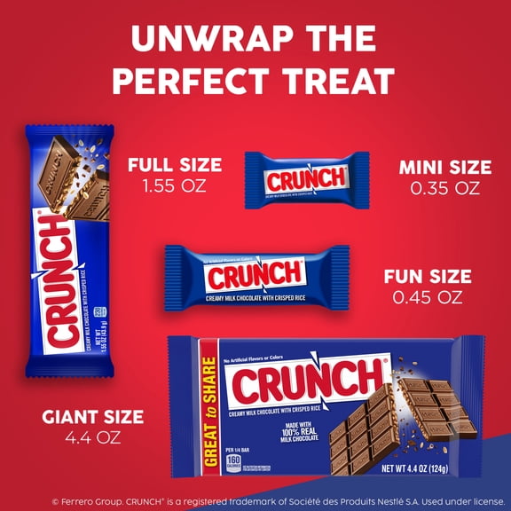 CRUNCH Fun Size Candy Bars, Creamy Milk Chocolate with Crisped Rice, Individually Wrapped Candy, Jumbo Bag, 19 oz