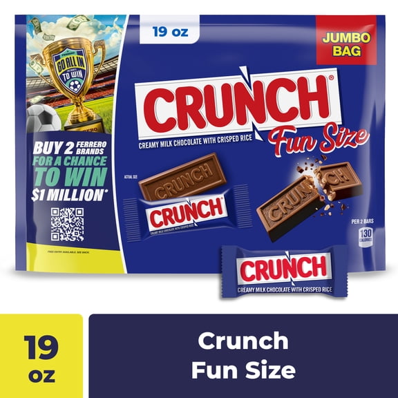 CRUNCH Fun Size Candy Bars, Creamy Milk Chocolate with Crisped Rice, Individually Wrapped Candy, Jumbo Bag, 19 oz