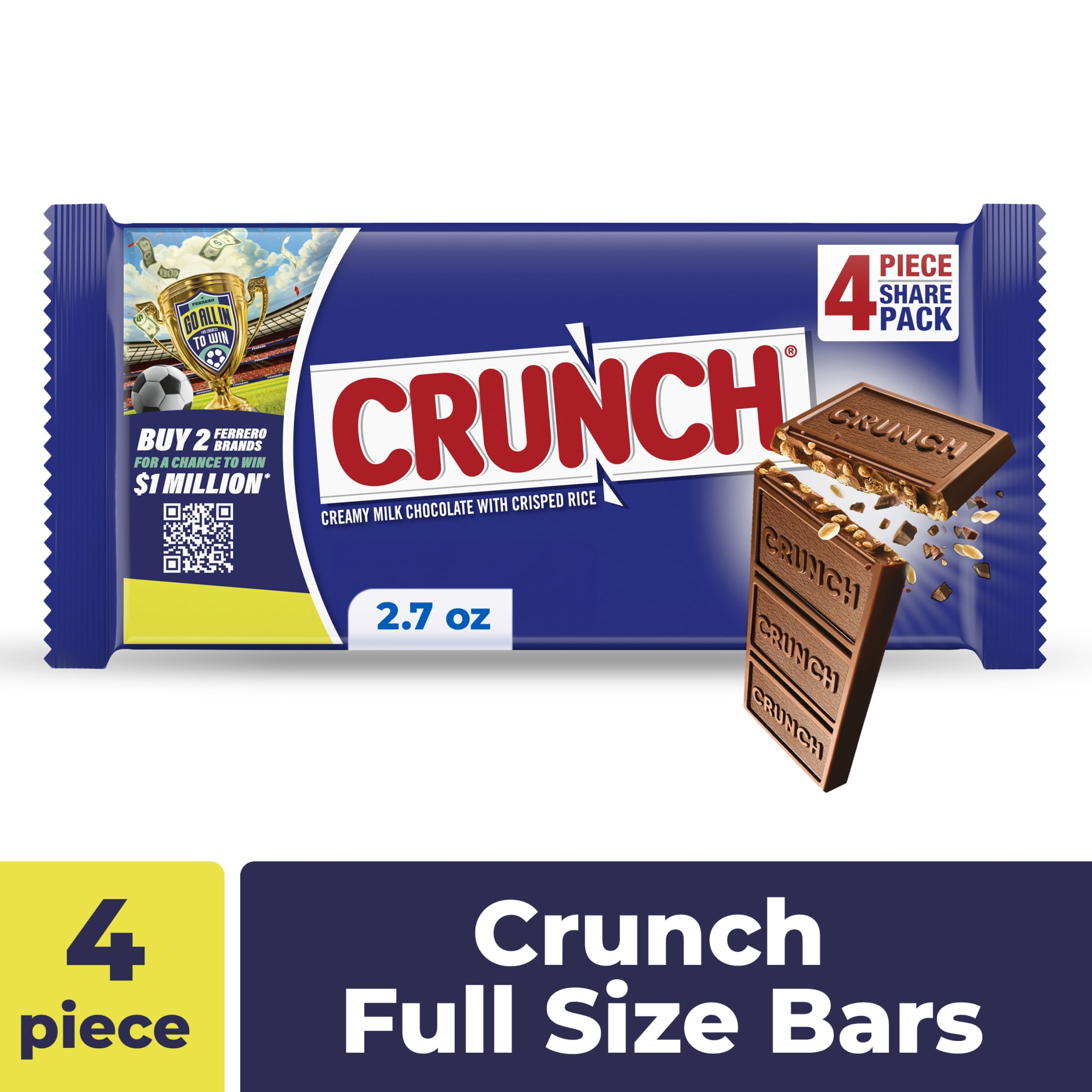 CRUNCH Candy Bar, Creamy Milk Chocolate with Crunchy Crisped Rice, 4 Piece Share Pack, 2.7 oz