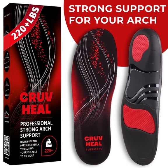 CRUVHEAL Insoles 220 lbs High Arch Support for Men Women Plantar Fasciitis Relief (L, Black)