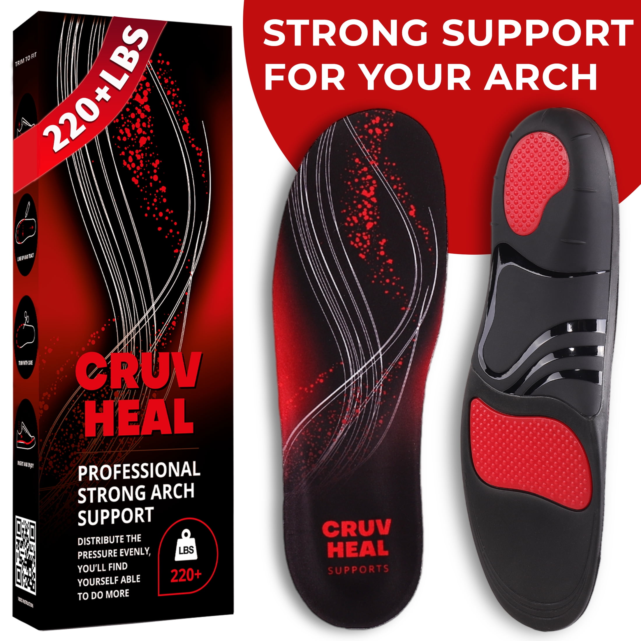 CRUVHEAL Insoles 220 lbs High Arch Support for Men Women Plantar Fasciitis Relief (Size XXL Black)