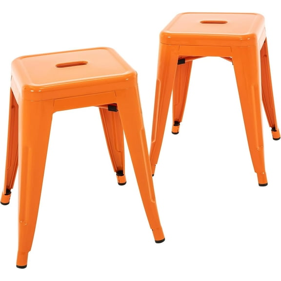 CRXX 18 Inch Industrial Metal Stools Set of 2, Short Stackable Classroom Stools, Backless Metal Dining Chairs for Indoor Outdoor Kitchen (Orange)