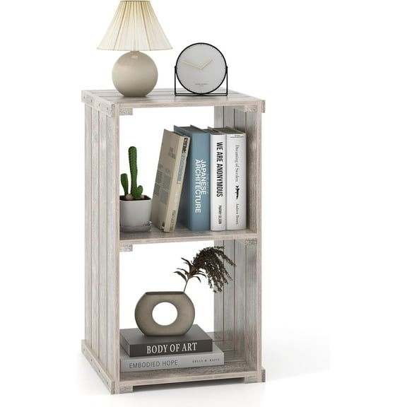 CRXX 2-Cube Bookcase, 3-Tier Paulownia Wood Cubic Organizer,Freestanding Cubby Storage Shelf, Slatted Wooden End Table, Farmhouse Style Bookcase for Living Room, Bedroom,Light Brown