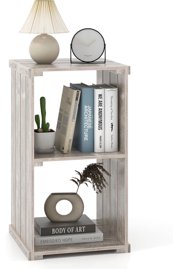 2-Cube Bookcase, 3-Tier Paulownia Wood Cubic Organizer,Freestanding Cubby Storage Shelf, Slatted Wooden End Table, Farmhouse Style Bookcase for Living Room, Bedroom,Light Brown