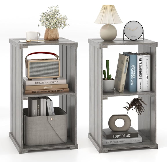 CRXX 2-Cube Bookcase Set of 2, 3-Tier Paulownia Wood Cubic Organizer, Freestanding Cubby Storage Shelf, Slatted Wooden End Table, Farmhouse Style Bookcase for Living Room, Bedroom,Light Gray