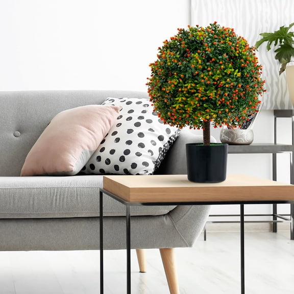 CRXX 2 Pack Artificial Boxwood Topiary Ball Tree 22" Faux Bushes Plants with Orange