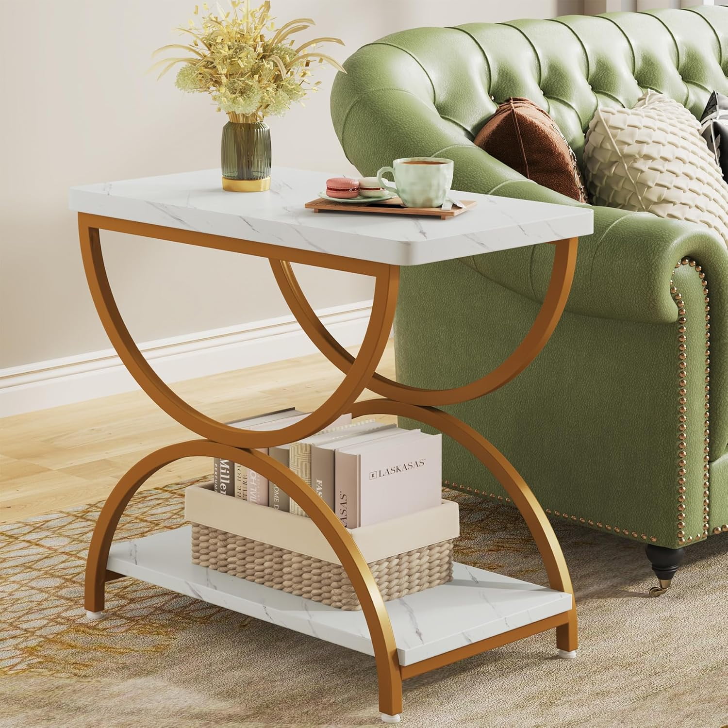 CRXX 2-Tier End Side Table with Stylish Metal Frame, Vintage Rectangular  Bedside Nightstand for Bedroom, Wood and Metal Chair Side Tables Living Room  (1, Faux Marble White+Gold) - Walmart.com, image size:1500x1500