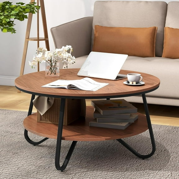 CRXX 2-Tier Round Coffee Table, 33.5" Wood Coffee Table with Open Storage Shelf & Heavy-Duty Steel Frame, Rustic Circle Coffee Table, Mid-Century Center Table for Living Room, Office, Walnut