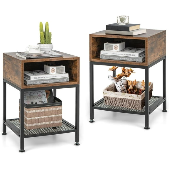 CRXX 2-Tier Side Table Set of 2, Industrial End Table with Open and Mesh Storage Shelf, Stable Metal Frame, Telephone Table for Small Space, Bedside Table Night Stand for Living Room, Rustic Brown