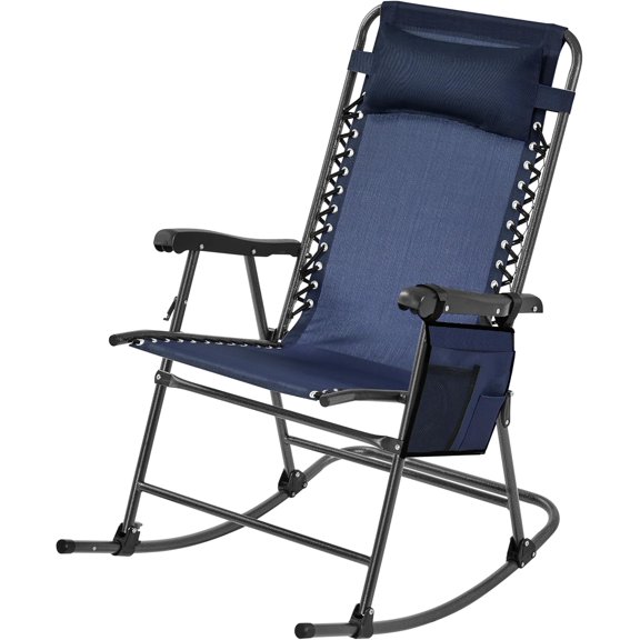 CRXX 26in Rocking Chair Outdoor Zero Gravity Folding Chairs Rocking Chairs Foldable Outdoor Lounge Chair for Outside Lawn with Cupholder/Pillow Ergonomic Design for Rest, Navy Blue, Set of 1