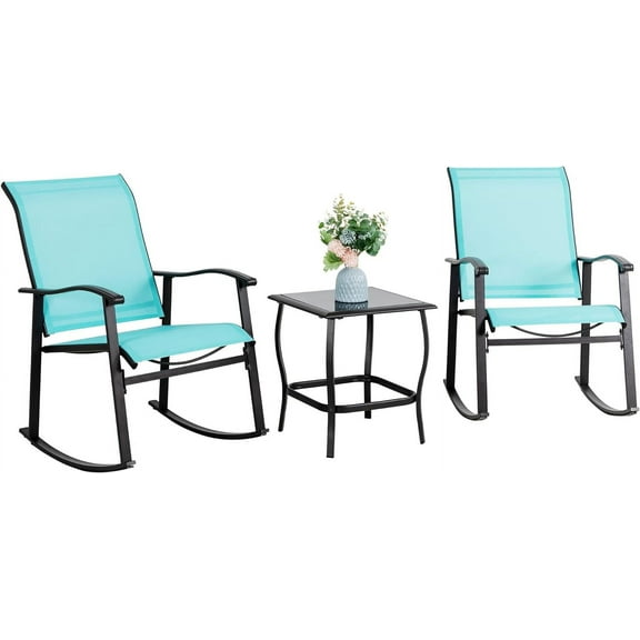 CRXX 3 Piece Outdoor Rocking Bistro Set, Textilene Fabric Small Patio Furniture Set, Front Porch Rocker Chairs Conversation Set with Glass Table for Lawn, Garden, Balcony, Poolside (Blue)