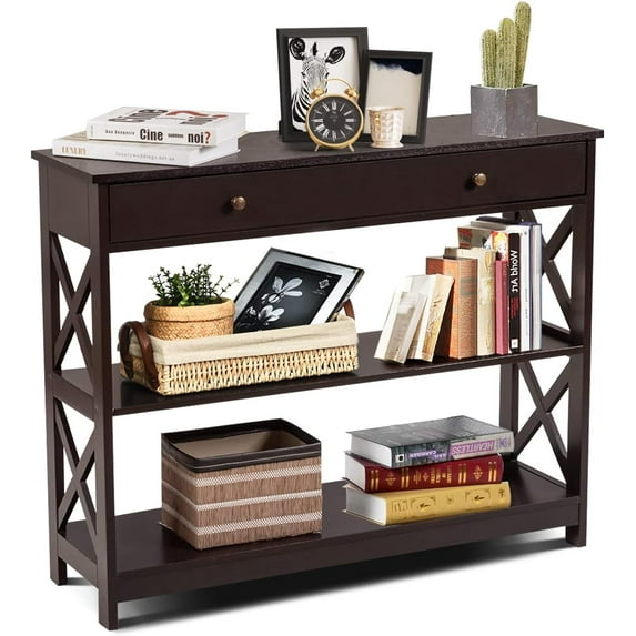 CRXX 3-Tier Entryway Table with Storage, Narrow Console Table w/Drawers & Shelves, X-Design Sofa Side Tables for Hallway, Modern Entry Tables for Foyer Living Room Bedroom (Espresso)