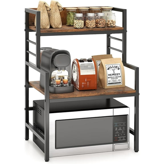 CRXX 3-Tier Microwave Stand, Space-Saving Microwave Oven Rack with 2 Open Shelves & Heavy-Duty Metal Frame, Industrial Countertop Organizer, Microwave Stand Countertop for Kitchen Coffee Bar
