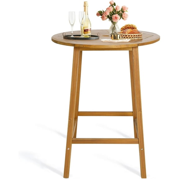 CRXX 31.5 Round Bar Table, Bar Height Table with Umbrella Hole & Slatted Tabletop, Acacia Wood Patio Bistro Table, Side Table for Indoors Outdoors