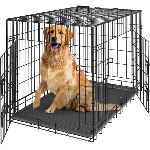 CRXX , 42 Inch Dog Crate Double Door Folding Metal Dog or Pet Crate Kennel with Tray and Handle