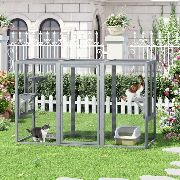CRXX 43.5"H Large Wooden Cat Enclosure Catio Cage Cat Run House Outdoor w/3 Platforms