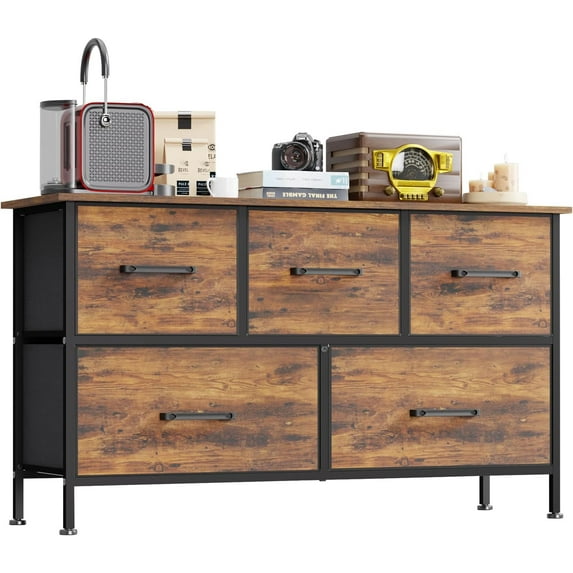 CRXX 5-Drawer Fabric Dresser,Wide Chest of Drawers Storage Unit with Metal Frame and Wood Top,Organizer for Bedroom,Closet,Living Room,Entryway,Brown