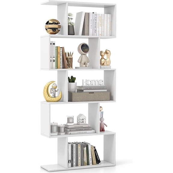 CRXX 5-Tier Bookshelf, S-Shaped Book Case with Anti-Toppling Device, Freestanding Home Organizer Room Divider Display Shelf, Open Storage Rack for Bedroom, Study (1, White)