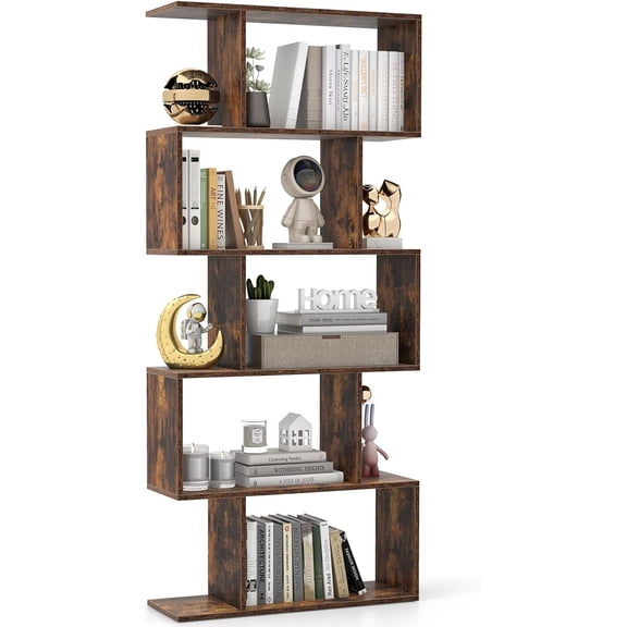 CRXX 5-Tier Bookshelf, S-Shaped Book Case with Anti-Toppling Device, Freestanding Home Organizer Room Divider Display Shelf, Open Storage Rack for Bedroom, Study (1, Rustic Brown)