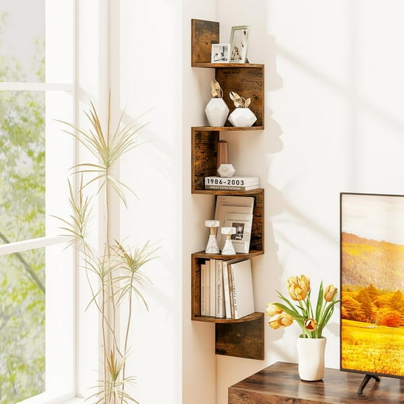 CRXX 5-Tier Corner Shelf Wall Mount, Farmhouse Floating Corner Bookshelf, Industrial Modern Display Shelf Stand, Wooden Storage Organizer for Living Room Home Office (1, Rustic Brown)