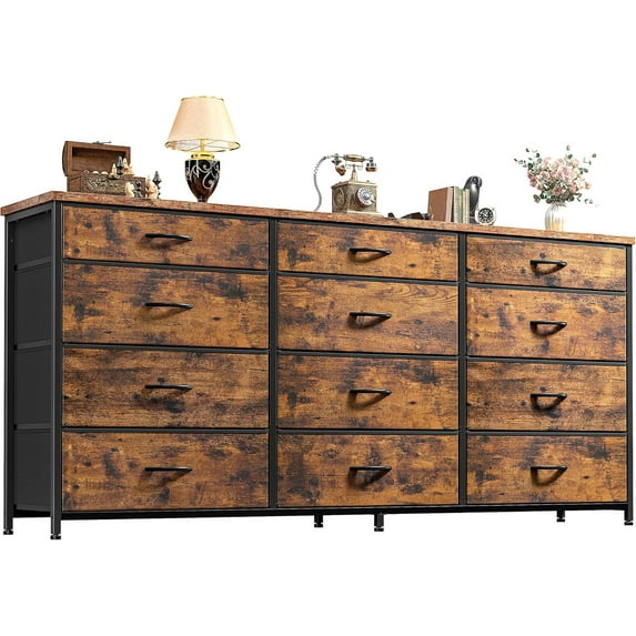CRXX 55" Long Dresser for Bedroom with 12 Fabric Drawers, Entertainment Center for 60 inch TV Dressers & Chests of Drawers Large Storage Organizer for Closet,Metal Frame, Wood Top-Rustic Brown