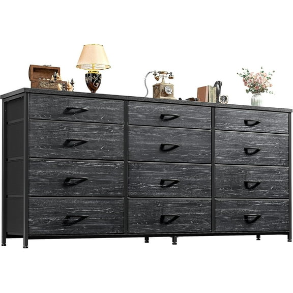 CRXX 55" Long Dresser for Bedroom with 12 Fabric Drawers, Entertainment Center for 60 inch TV Dressers & Chests of Drawers Large Storage Organizer for Closet, Metal Frame, Wood Top-Black