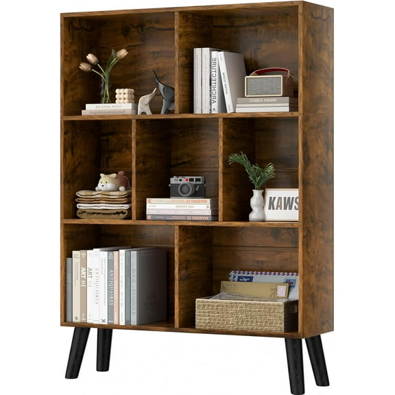 CRXX 7 Cube Bookshelf, 3 Tier Modern Bookcase with Legs, Mid-Century Modern Wood Book Shelves Storage Freestanding Organizer Display Shelf for Bedroom,Living Room,Office-Brown-80 CM-With Legs