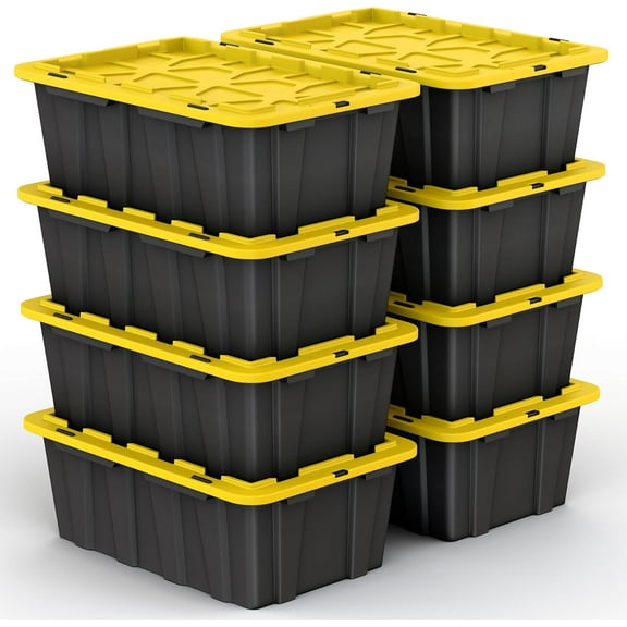 CRXX 8 PACK of Medium 12 Gallon Plastic Storage Bin Tote Organizing Container with Ultra Durable Secure Latching Lids, Stackable, Extra Strength Clear with Built in Handle - Black and Yellow